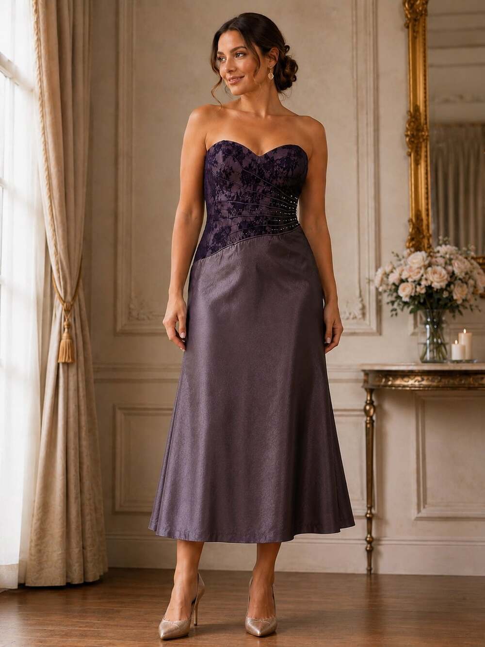 Daymor Couture Purple Strapless Lace Beaded Formal Evening Dress Gown Size 14